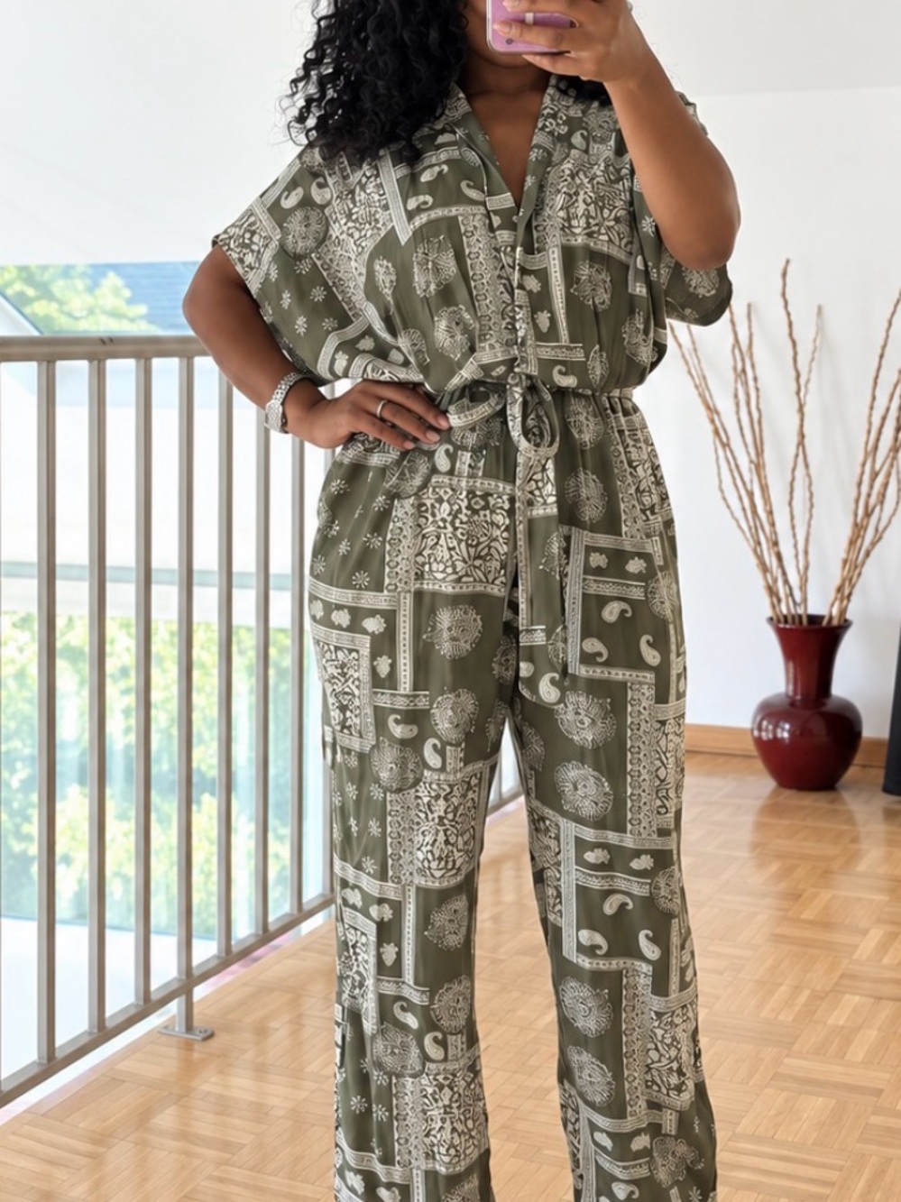 SHEIN Olive & Cream Paisley Drawstring Short-Sleeve Jumpsuit